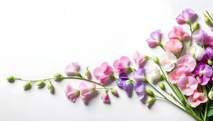 Bouquet of  pale pastel sweet pea flowers. Spring image. Design for message cards with blank spaces for Easter, birthdays, anniversaries, Mother's Day, birthdays, celebrations, etc.