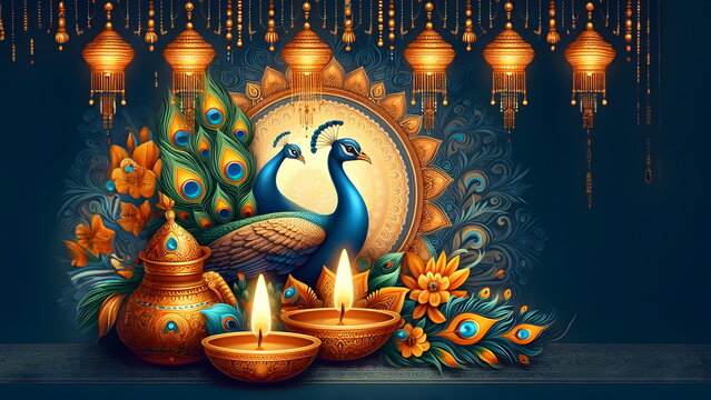 illustration of thaipusam background with diya lamp and peacock