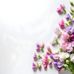 Fototapeta na wymiar Bouquet of pale pastel sweet pea flowers. Spring image. Design for message cards with blank spaces for Easter, birthdays, anniversaries, Mother's Day, birthdays, celebrations, etc.