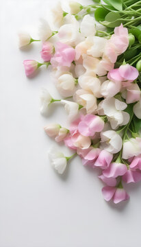 Bouquet of  pale pastel sweet pea flowers. Spring image. Design for message cards with blank spaces for Easter, birthdays, anniversaries, Mother's Day, birthdays, celebrations, etc.
