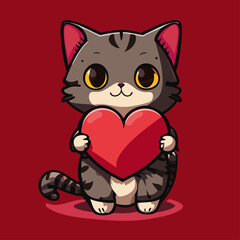falt chibi cute cat isolated on a red Heart for valentines