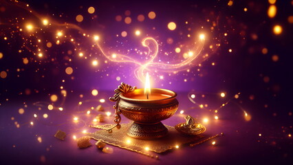Magical diya lamp with lights on purple background