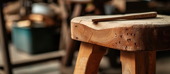 Repairing oak stool at home by applying glue manually. - obrazy, fototapety, plakaty