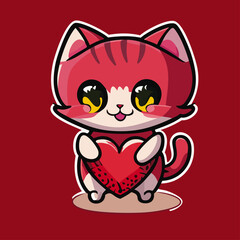 falt chibi cute cat isolated on a red Heart for valentines