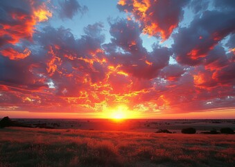 Sunset over Field with Clouds Casting Red Hue - obrazy, fototapety, plakaty