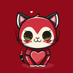 falt chibi cute cat isolated on a red Heart for valentines