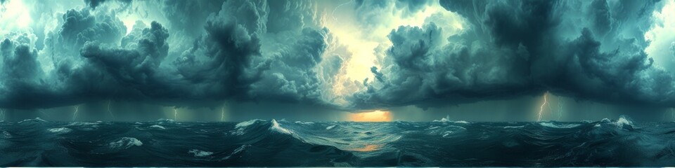 Fototapeta na wymiar Panoramic Storm Clouds over Ocean at Dusk