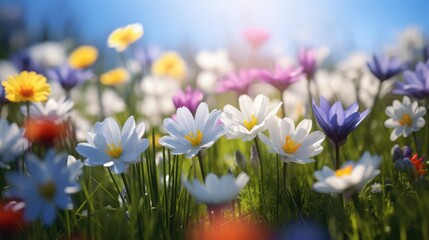 Fototapeta premium Colorful flower meadow in spring. Beautiful sunny day. AI Generated 