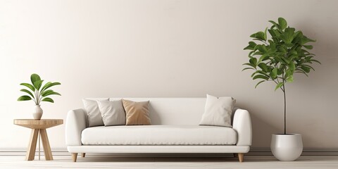 White sofa, coffee table, houseplants in living room.