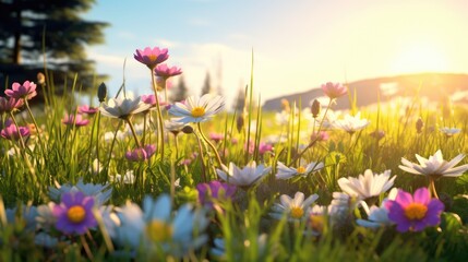 Flower meadow in spring. Chamomiles and other colorful flowers. Beautiful sunny day. AI Generated 