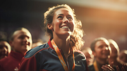 Elation in the eyes of an athlete with a prestigious medal