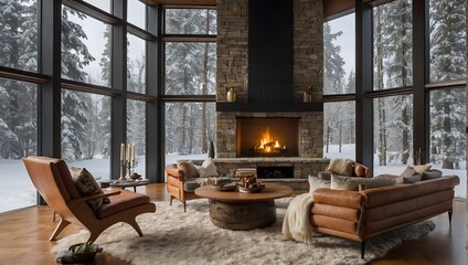 A living room has large windows, winter conditions and a fireplace