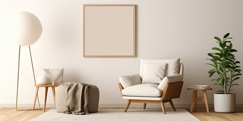Cozy living room with mock-up poster frame, wooden commode, beige sofa, modern armchair, rug, pillows, wooden stand, pouf, black lamp, and personal accessories in an interior design template for home