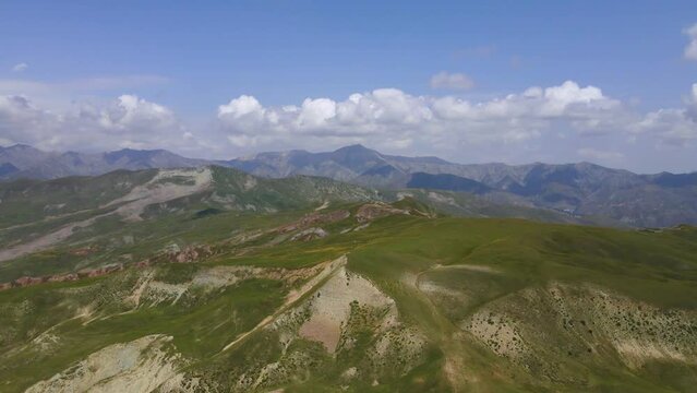 Drone shot flying through the caucasus in Azerbaijan in summer.