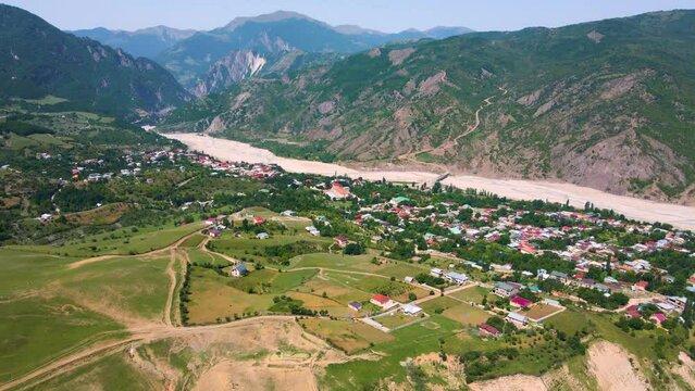 Drone shot flying around the town of Lahic in the Caucasus mountains in Azerbaijan.