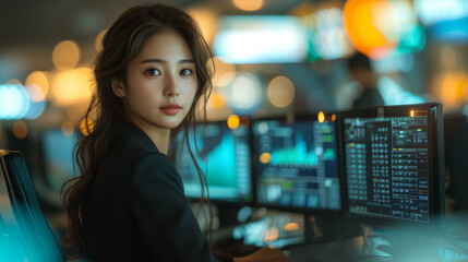 Elegant young woman with a serious expression in a smart business attire at a high-tech workstation.