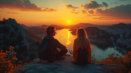 Obraz premium A couple with backpacks sitting on a mountain, overlooking a panoramic cityscape at sunset.