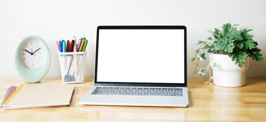 Laptop computer with blank screen mockup, template background, Business online, e commerce, online study concept