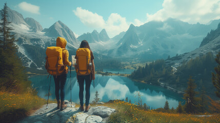 Rear view a smiling couple with backpacks engaging in a map consultation amidst a scenic mountainous landscape. - obrazy, fototapety, plakaty