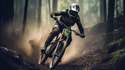 Female downhill mountain biker in a light green and black forest - obrazy, fototapety, plakaty