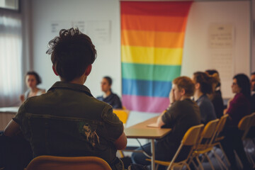Inclusive Education: Students Participating in a Workshop with a Pride Flag Symbolizing a Safe Learning Environment - obrazy, fototapety, plakaty