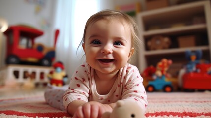 baby toddler playing colorful toys at home or nursery. Newborn baby smiling at camera at play center.