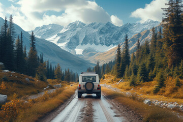 SUV on a snowy trail near a mountain lake.