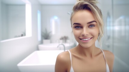 Portrait of beautiful blonde young woman with shaggy hairstyle smiling cheerfully, showing her white teeth to camera while feeling happy blurred bathroom background