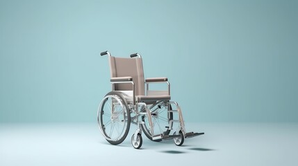 Fototapeta na wymiar Empty medical wheelchair for invalid patient on blue empty background. Hospital health care support