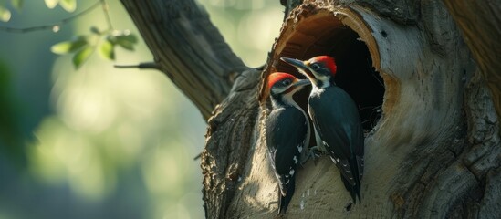 Enchanting Encounter: Couple of Woodpeckers Harmoniously Nesting in a Majestic Tree