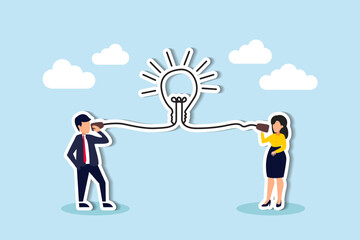 Effective communication, a key for business success; brainstorm and discuss ideas in meetings concepts in meetings concept, smart businessman talk to colleague on phone line with lightbulb symbol.