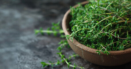 fresh thyme herb in a bowl on dark table - obrazy, fototapety, plakaty