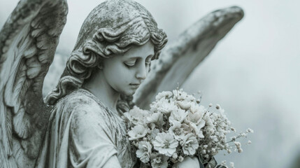 A Victorian mourning angel with her head tilted to the side holding a small bouquet of wilted flowers and wearing a black ribbon around her arm.