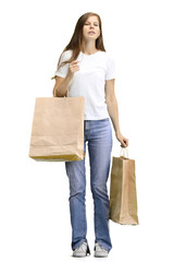 A woman, full-length, on a white background, with bags