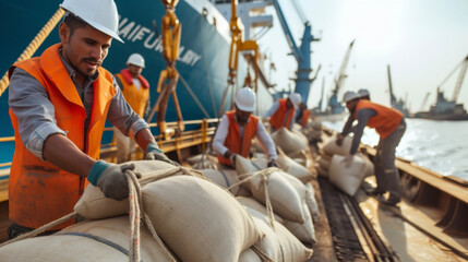 A group of diverse workers from different nationalities working together on a shipping dock loading sacks of grains onto a ship illustrating the collaboration and global partnership