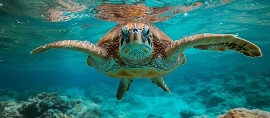 Obraz premium Underwater Shot of a Majestic Green Sea Turtle (Cheloni Mydas)