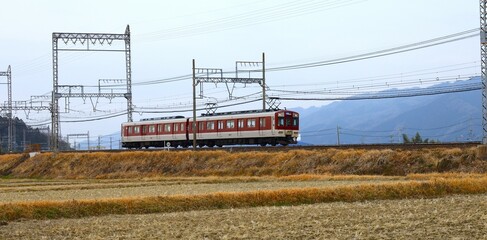田んぼ沿いを走る急行電車