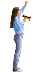 A woman, full-length, on a white background, with a megaphone