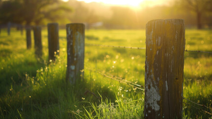 A group of old weathered fence posts stand in a lush green field the golden light of the sun giving them a new life.