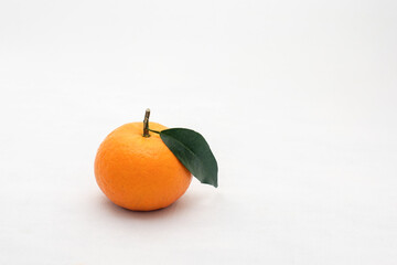 Ripe orange fruit and leaves on white background