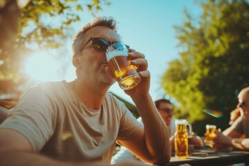 A man in a T-shirt in his forties drinks a beer with friends nearby, sunny day. Generative AI.