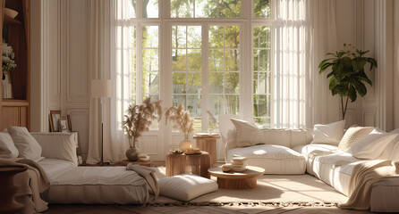 a living room with lots of white pieces of furniture and a window