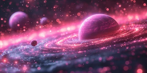 Fotobehang illustration of abstract purple planet Saturn with rings and glowing particles and bokeh © YuDwi Studio