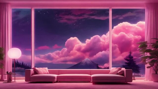 animated virtual backgrounds, stream overlay loop, living room interior, clouds window, cozy white grey lo-fi, vtuber asset twitch zoom OBS screen, anime chill in night city