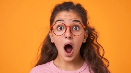 Shocked Teenage Girl with Orange Glasses on a Solid Orange Background. Generative AI. - obrazy, fototapety, plakaty