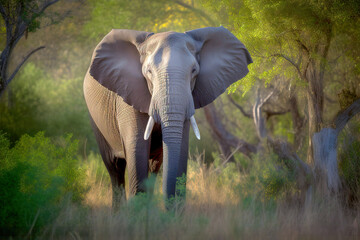 A little elephant with pastel colors in a green landscape, showcasing the realistic wrinkles in its...
