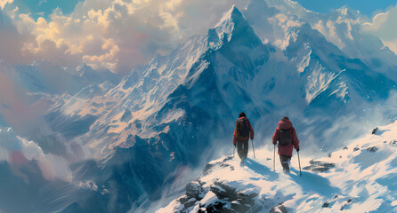 two people walking on mountains - obrazy, fototapety, plakaty