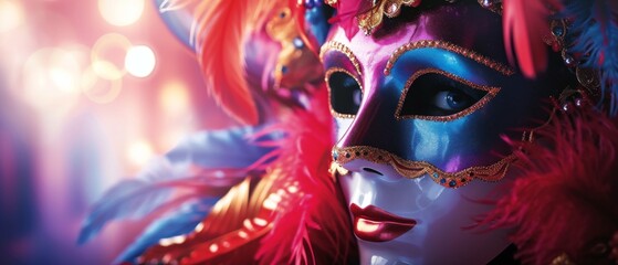 Naklejka premium A colorful masquerade mask in bright colours on a blurred festive background with bokeh , party, Rio, Venice and Tenerife carnival concept banner poster or card design copy space