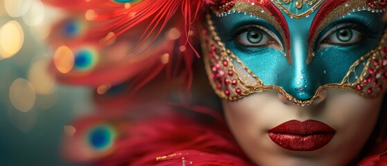 A colorful masquerade mask in bright colours on a blurred festive background with bokeh , party, Rio, Venice and Tenerife carnival concept banner poster or card design copy space