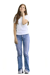 Fototapeta premium A woman, full-length, on a white background, tired
